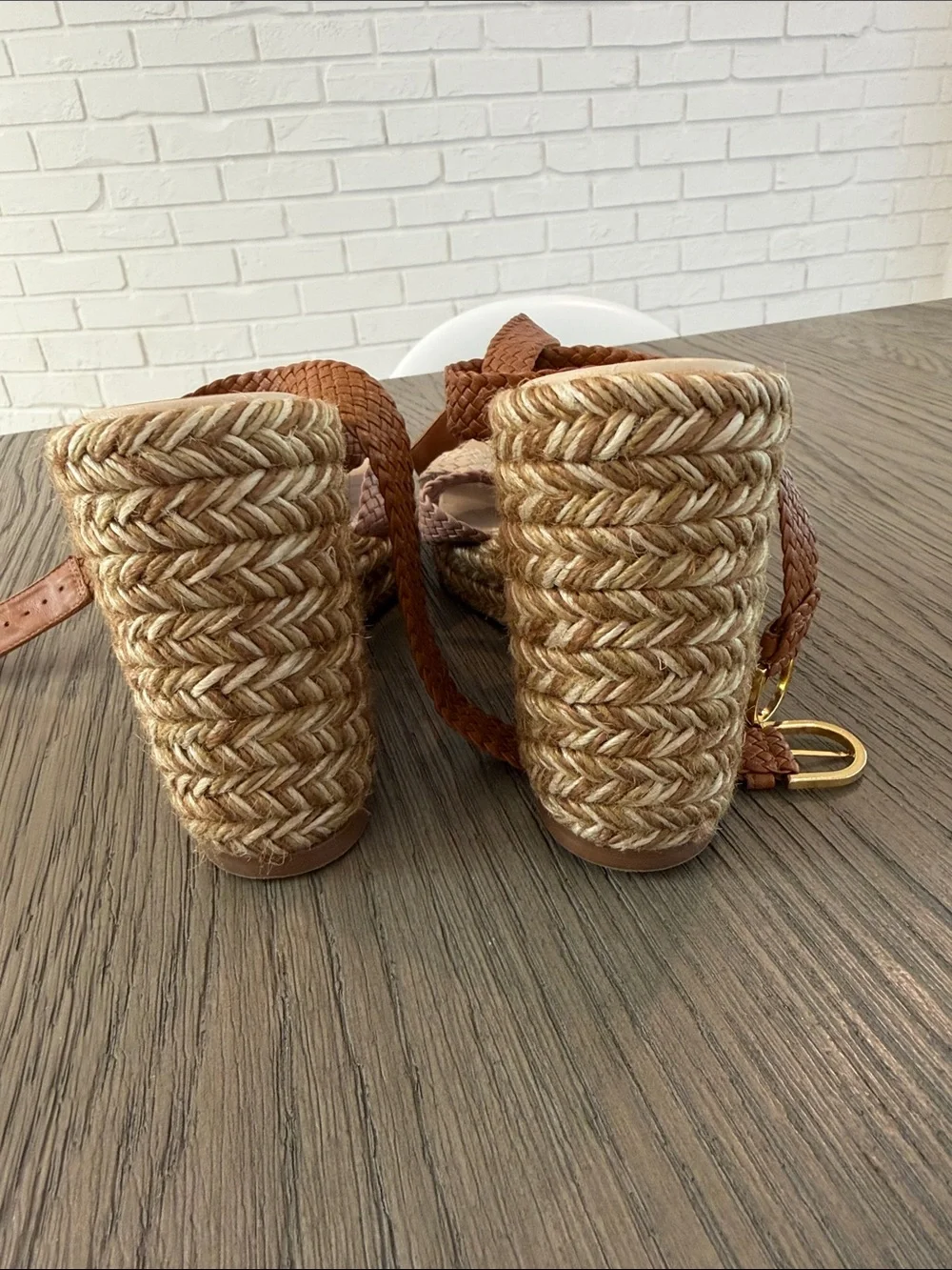 Stuart Weitzman Tan, Pink & Cream Woven Espadrille Wedge Sandals - Picture 4 of 5